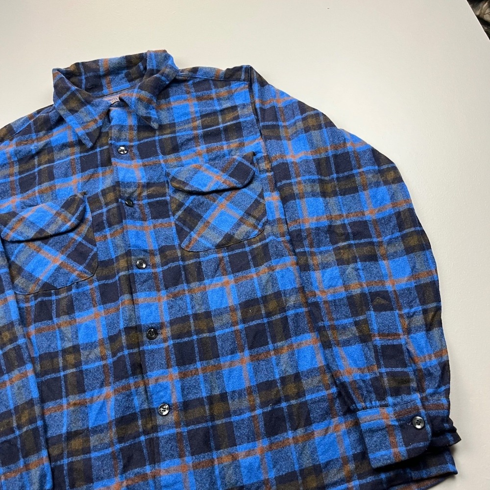 VTG Pendleton Board Shirt Mens M Blue Shadow Plaid Wool Flannel Loop Collar 60s